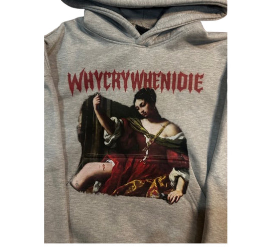 “WHYCRYWHENIDIE" CROPPED GRAY HOODIE