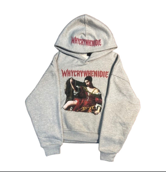 “WHYCRYWHENIDIE" CROPPED GRAY HOODIE