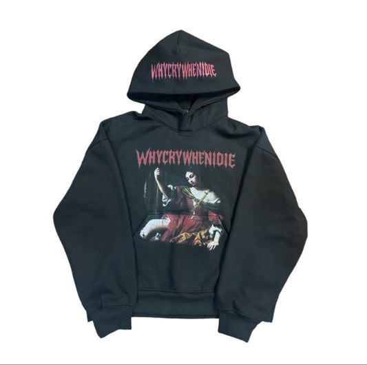 “WHYCRYWHENIDIE" cropped black hoodie